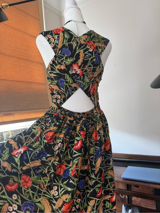Love Dresses & Skirts - Vintage summer dress Black Floral Backless Midi with Red & Purple Blooms